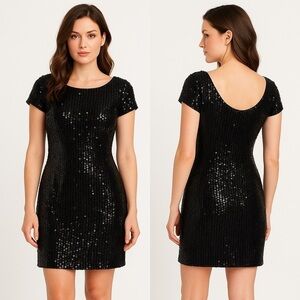 White House Black Market Black Sequin Open Back Holiday Party Dress Size M
